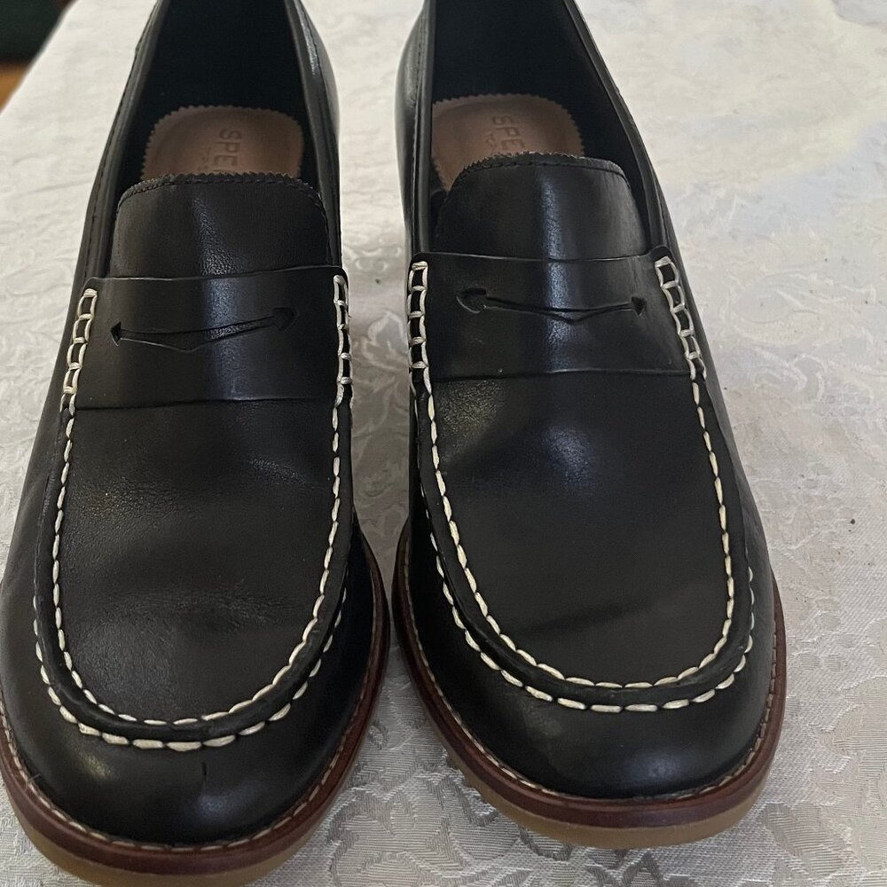 Sperry Black Leather Penny Loafers with White Stitching